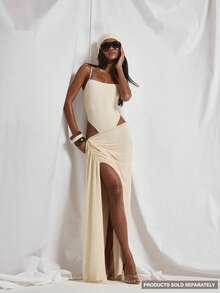 MUSERA 低腰不对称垂褶褶皱细节开衩长裙套装（单裙）可爱假日性感夜生活度假春夏优雅阳光垂褶 - 杏色 - 查看 1