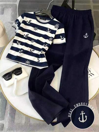 Resyla 2件套女士休闲条纹印花短袖上衣和刺绣阔腿裤套装，锚图案PNG