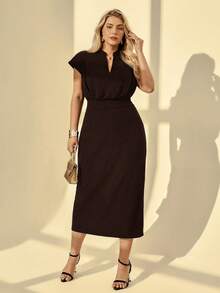 Auralis Plus Size Elegant Solid Color Notched Neck Dress, Summer - Brown - View 4