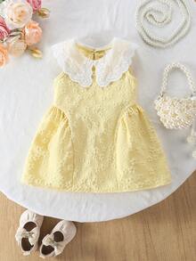 SHEIN Elladie kids Đầm công chúa ngọt ngào thêu hoa cho bé gái, đầm hè không tay bằng vải hoa màu vàng. - Màu vàng - Xem 4