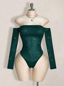SHEIN ICON Women's Rhinestone Decor Long Sleeve Bodysuit - Dark Green - View 6