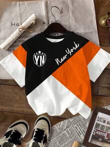 SHEIN Young Boy Short Sleeve T-Shirt, Casual & Minimalist, Suitable For Summer, Classic Cool Logo Graphic Print, Classic City Name Text Graphic Print, Classic Geometric Pattern Print, Suitable For School, Suitable For Spring & Summer - Multicolor - View 3