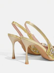 CUCCOO TILAWA Sapatos Femininos Dourados Novos Salto Alto Fino Pontudo com Elevação Traseira, Moda Deslumbrante com Strass, Sapatos de Salto Alto Sexy para Banquete, Festa, Balada, Sapatos de Salto Alto Slingback Femininos - Dourado - Visão 4
