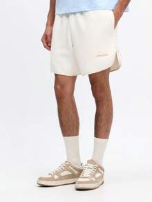 SUMWON Men's Textured Geometric Pattern Curved Hem Shorts With Side Pockets Summer Casual Beige - Apricot - View 2