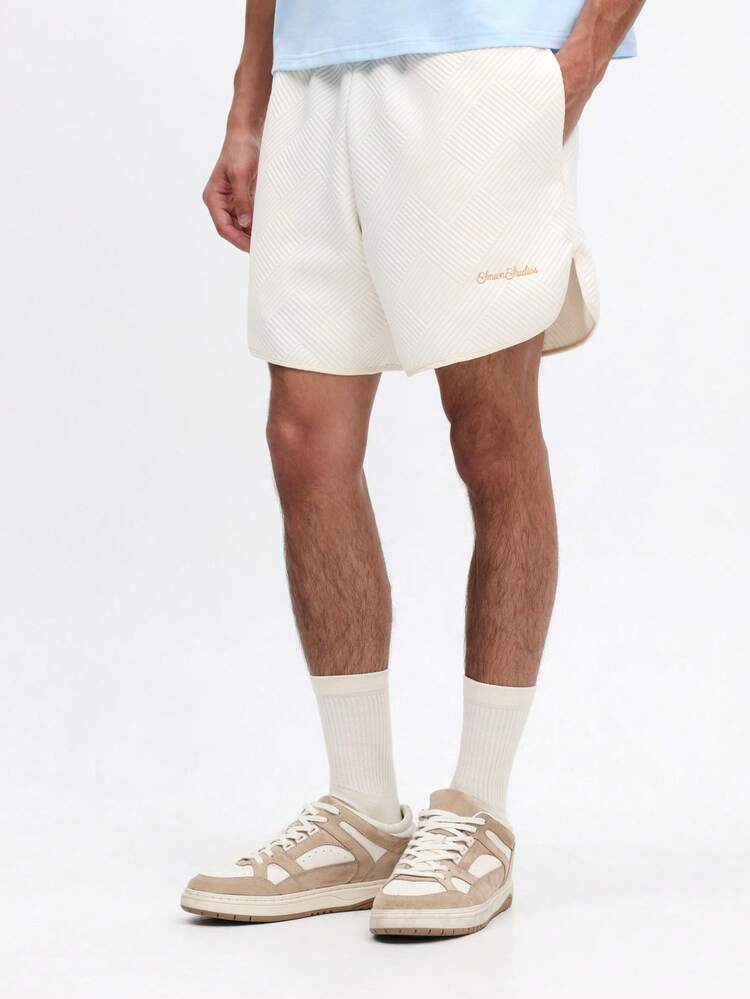 남성용 질감 기하학적 패턴 곡선 밑단 반바지 옆 주머니 여름 캐주얼 베이지