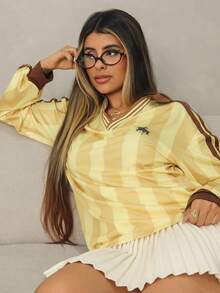 Rayane Ketlyn تي شيرت نسائي أنيق بأكمام طويلة مخطط - أصفر - مشاهدة 6
