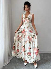 Elenzga Đầm nữ không tay cổ chữ V xếp ly họa tiết hoa nhí, thiết kế lãng mạn kiểu Pháp, thắt eo, tôn dáng, đa năng cho hẹn hò, dự tiệc, phối đồ nhiều lớp, mùa xuân/thu. - Nhiều màu - Xem 4