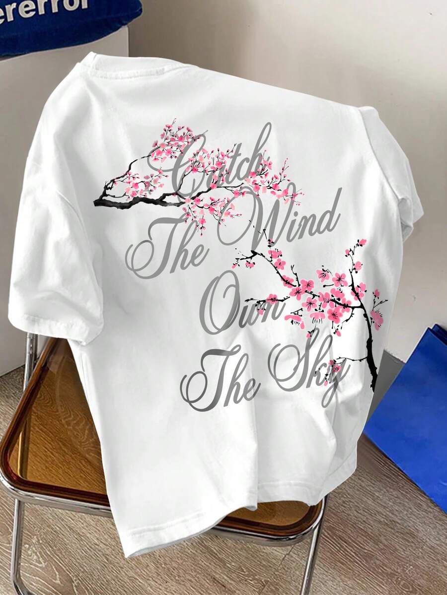 Manfinity Hypemode Men's Summer White And Pink Cherry Blossom Sakura Floral Quote Letter Print Crew Neck Oversized T-Shirt,Streetwear City Break Harajuku Relaxed Tee - White - View 1