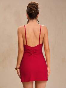 SHEIN BAE Đầm ngắn gợi cảm màu đỏ ôm sát, cổ khoét sâu, lưng hở, thắt nơ, khoét rỗng, viền bèo nhún dành cho nữ, thích hợp cho mùa hè. - Đỏ - Xem 2