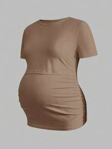 Modmama Set de 3 blusas de manga corta de unicolor con pliegues y función de lactancia para mujeres embarazadas, de uso casual diario - Camel - Ver 9
