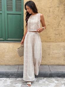 Serisse Women's Striped Crew Neck Sleeveless Top And Pants 2 Pieces Set, Vacation - Apricot - View 3