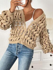 Chiquease 时尚休闲小众3D立体纹理秋冬粗针织镂空开衫毛衣（女款） - 卡其色 - 查看 4