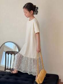DAZY Tween Girls Round Neck Color Block Mid-Length Short Sleeve Dress Sun Dresses For Girl Summer - Beige - View 1