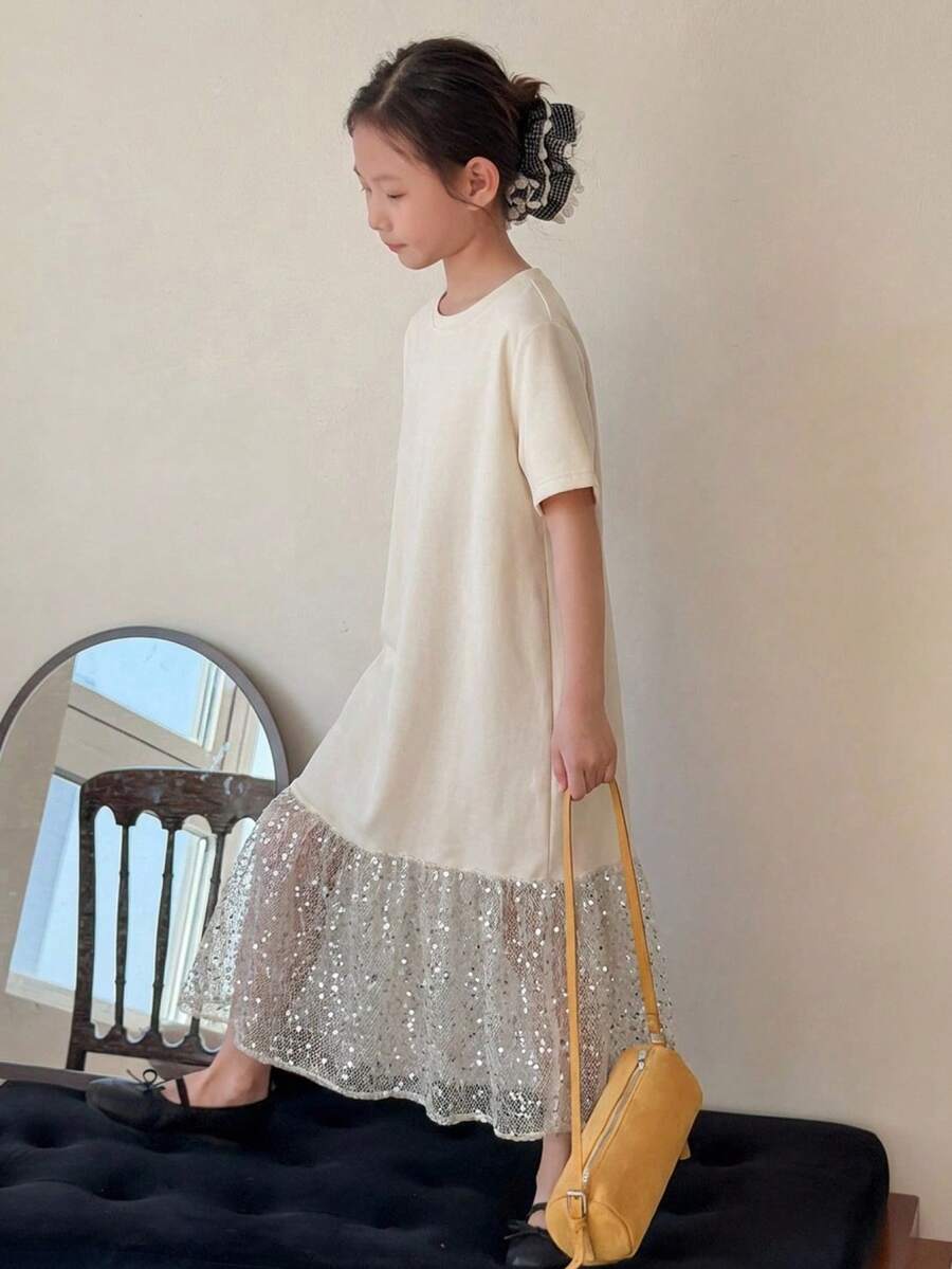 DAZY Tween Girls Round Neck Color Block Mid-Length Short Sleeve Dress Sun Dresses For Girl Summer - Beige - View 1