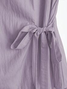 SHEIN LUNE 大尺碼女款優雅紫色夏季襯衫，辦公室純色梭織上衣，3顆鈕扣，泡泡袖，繫腰，短袖休閒，適合春夏 - 紫色 - 查看 4