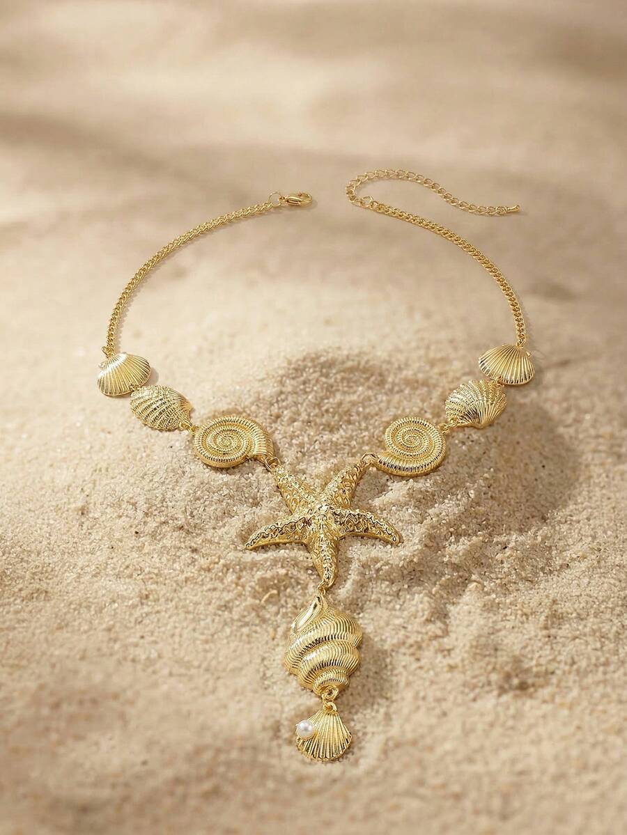 Arave 1pc European & American Style Unique Seashell, Starfish Metal Necklace, Ocean Themed Necklace For Women - Yellow Gold - View 1