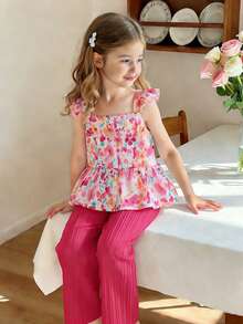 SHEIN Vintaside Kids 两件套少女甜美公主风碎花吊带背心和阔腿裤套装，肩带/下摆双层蕾丝花边，面料柔软舒适，适合日常穿着、派对、生日庆祝、露营、返校等场合。 - 玫紅色 - 查看 4