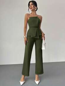 Firerie Summer Army Green Elegant Party Asymmetrical Strapless High-Waisted Jumpsuit,Refined Minimalist Chic For Weddings,Festivals & Dates - Army Green - View 9