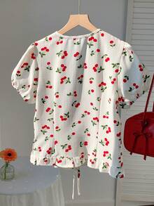 CovetEZ Women's Summer Casual Cherry Print Shirt With Ruffle Hem - White - View 8