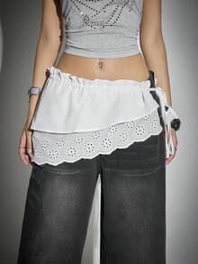 Bloopia Women's Ruffled Waist Tie Frill Trim Fashionable A-Line Skirt - White - View 4