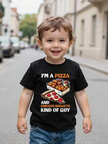 SHEIN GraphicGems Boys' Casual Funny Slogan & Food Print Short Sleeve T-Shirt, Kids' Leisure Round Neck Black Tee With Pizza & Chicken Nugget Cartoon Print, Versatile Daily Wear - White - View 3