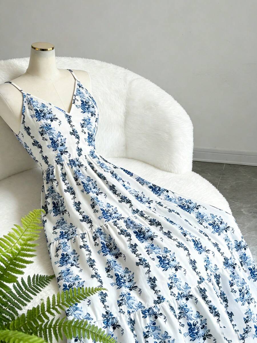 Elenzga Nuevo vestido casual elegante con cuello en V, cintura ceñida y estampado para mujeres - Azul y blanco - Ver 1