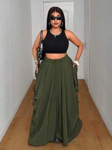 Maweii Plus Size Women Solid Color Casual Versatile Date & Outing Skirt - Green - View 1