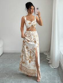 SHEIN Elenzya 女士优雅印花两件套，休闲度假沙滩装，舒适夏季套装 - 彩色 - 查看 4