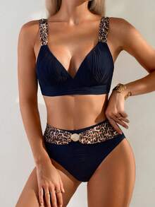 Swim Lushoire Bộ 2 món bikini nữ đi biển, chất liệu vải dệt họa tiết vỏ sò kim loại, họa tiết da báo gợi cảm, cổ chữ V. - Màu xanh hải quân - Xem 1