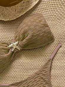 Swim Chiccia 女士纹理无肩带海星比基尼三件套性感泳衣 - 卡其色 - 查看 5