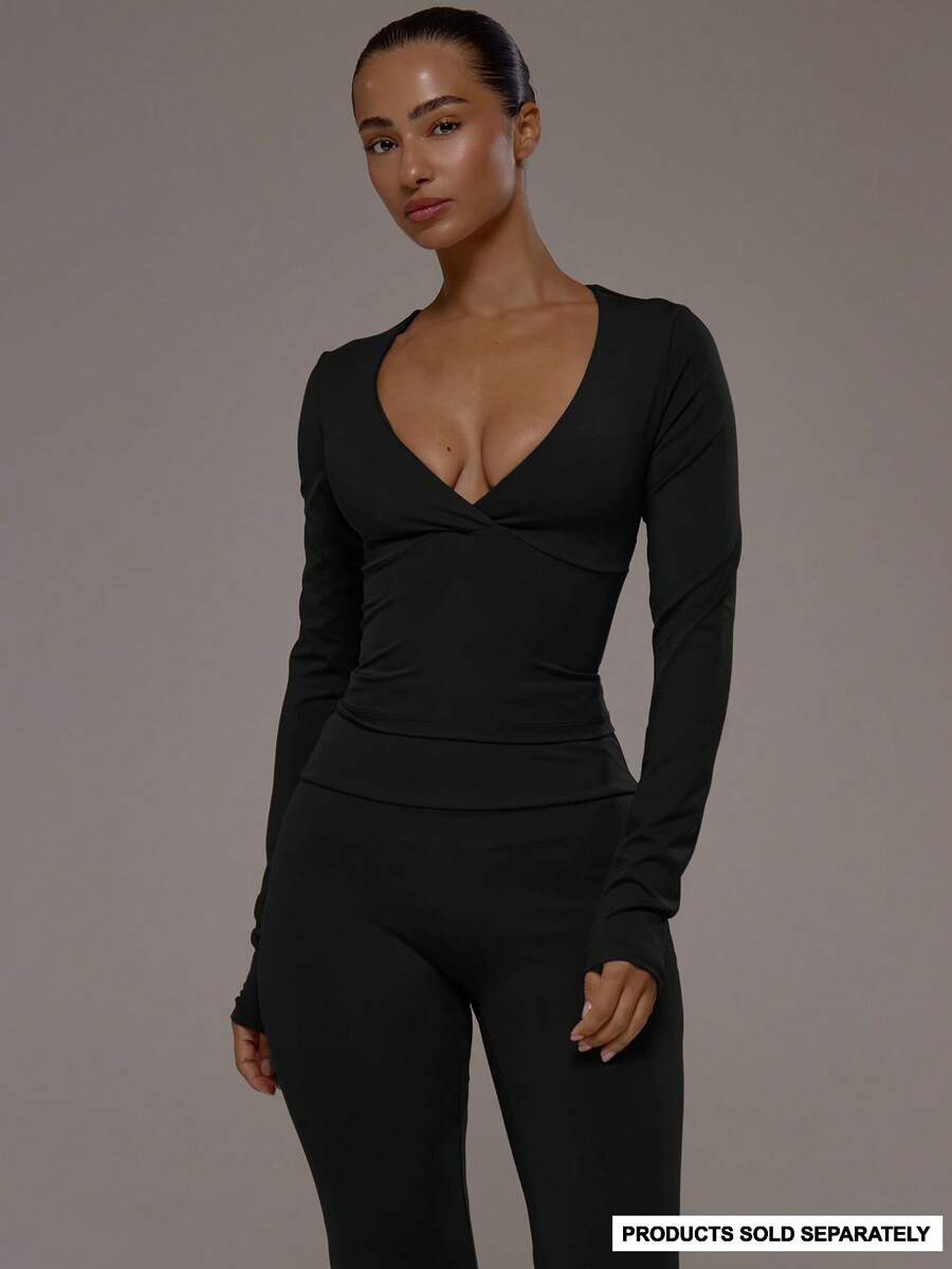 Musera Sport 裹身式V领双层长袖运动上衣，适合运动健身、健身房、普拉提、日常休闲穿着 - 黑色 - 查看 1