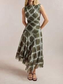 BizChic Summer New Green Grid Rhombus Pattern Print Asymmetrical Asymmetric Shoulder Ruched Cinched Waist Asymmetric Hem Design Women Dress, Versatile Summer Outfit - Multicolor - View 5