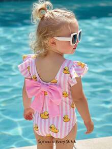 SHEIN Baby Girl Striped Cartoon Duck Print Ruffle Trim Cute One-Piece Swimsuit - Multicolor - View 8