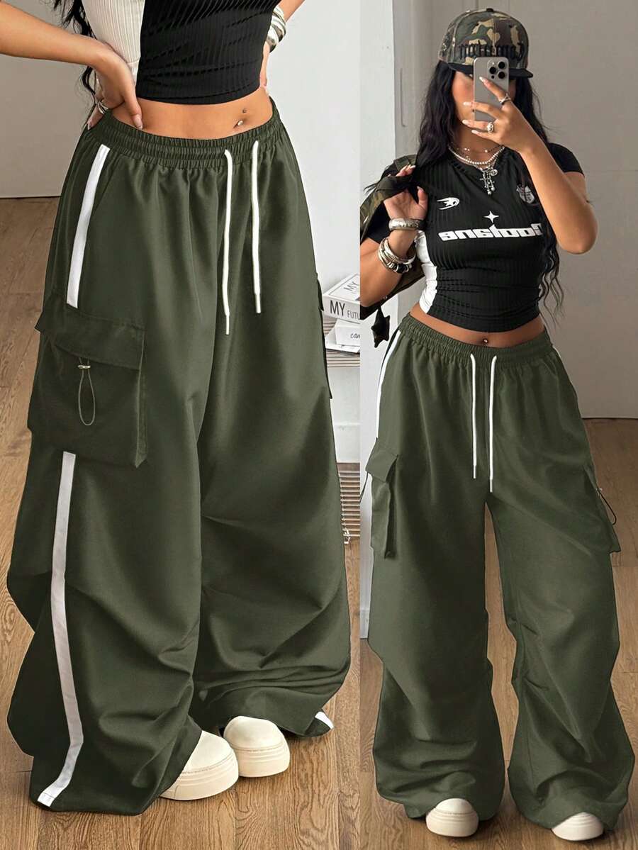 Coolane Damen Plus Sommer Streetwear Sport Basic Klapptasche Seitliche Kordelzug Taille Fallschirm Graue Cargohose - Armeegrün - Übersicht 1