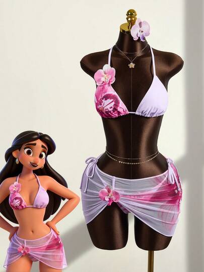 Zestiva Bộ bikini 3 món dành cho nữ: Áo bikini tam giác buộc dây sau cổ in họa tiết hoa đậu bướm, quần bikini tam giác buộc dây bên hông và chân váy ngắn với họa tiết hoa 3D gợi cảm.