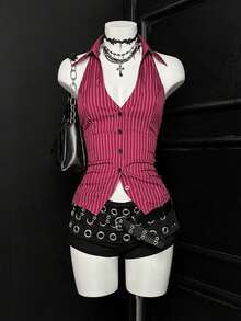 EgrlEra Áo sơ mi nữ cổ yếm ôm sát kẻ sọc - Đỏ - Xem 4