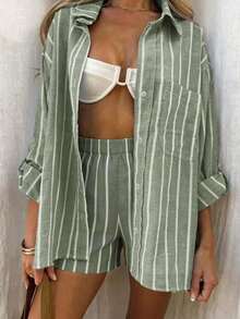 INAWLY Women's Casual Vacation Striped Shirt And Shorts Set - Army Green - View 4