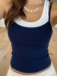 Tween Girls' Summer Casual 2 In 1 Halter Neck Camisole - Blue and White - View 1