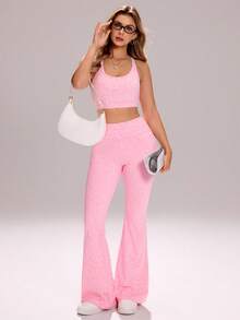 Sovereign Charm 女士豹纹露背短款背心和高腰喇叭裤套装 - 粉色 - 查看 6