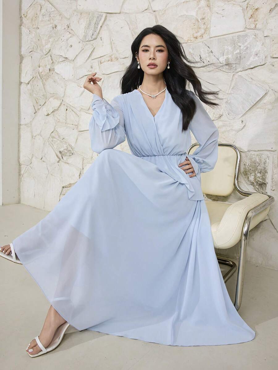 Heiryn New V-Neck Ruffle Waist Pleated Romantic Sexy Vacation Workwear Golf Elegant Dress Pastal Autumn