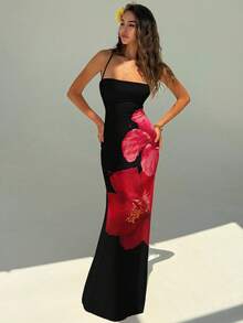 Veykashi 休闲度假风性感黑红芙蓉印花图案加大码女式优雅花卉全印花露背吊带长裙，适合春夏度假穿着 - 白色 - 查看 4