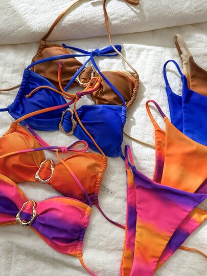 Swim Vcay 2Pcs Women Purple Ombre Print Bikini Set,Halterneck Top And Adjustable Thong Bottom,Casual Summer Beach Holiday Vacation For Swimming Party