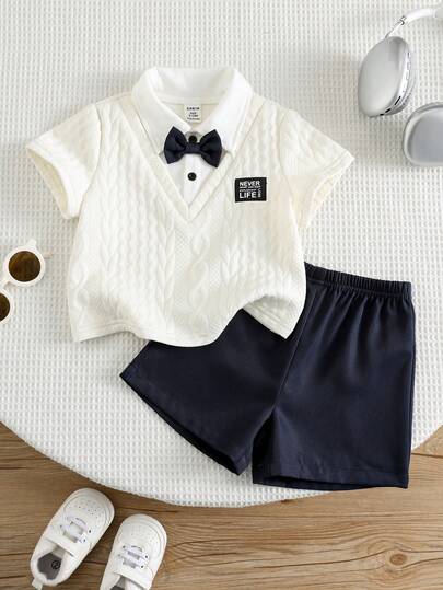 SHEIN Bộ 2 món dễ thương cho bé trai, áo polo và quần short cạp chun, thích hợp cho tiệc sinh nhật, tiệc tối, biểu diễn, đám cưới, tiệc mừng em bé chào đời, lễ kỷ niệm sinh nhật lần thứ nhất.