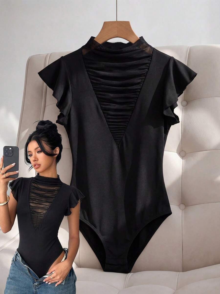 Franclia 女士性感优雅V领薄纱荷叶边花瓣袖连体衣，夏季 - 黑色 - 查看 1