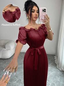 Modelyn Gaun Lengan Pendek Warna Champagne dengan Hiasan Rumbai di Bahu, Elegan untuk Wanita - Burgundy - View 4