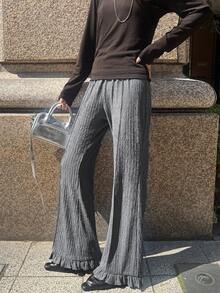 FRIFUL Women's Solid Color Elastic Waist Casual Loose Flare Leg Pants Summer - Grey - View 6