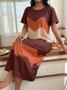 SHEIN 女士数码印花波浪纹休闲短袖睡裙 - 棕色 - 查看 4