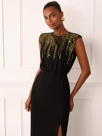 Lilora Women's Elegant Sequins Embroidered Mid-Length Dress