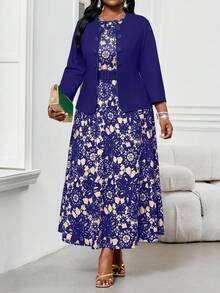 SHEIN Lady Bộ 2 váy midi họa tiết gợn sóng đơn giản cổ tròn có thắt lưng dành cho ngày lễ cỡ lớn dành cho nữ trang phục đi chơi hai mảnh - Màu xanh hải quân - Xem 5