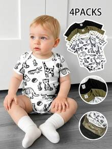 4件套婴儿男女宝宝可爱针织卡通长颈鹿、兔子、老虎、鳄鱼图案弹力条纹短袖连体衣基础款套装 - 彩色 - 查看 1